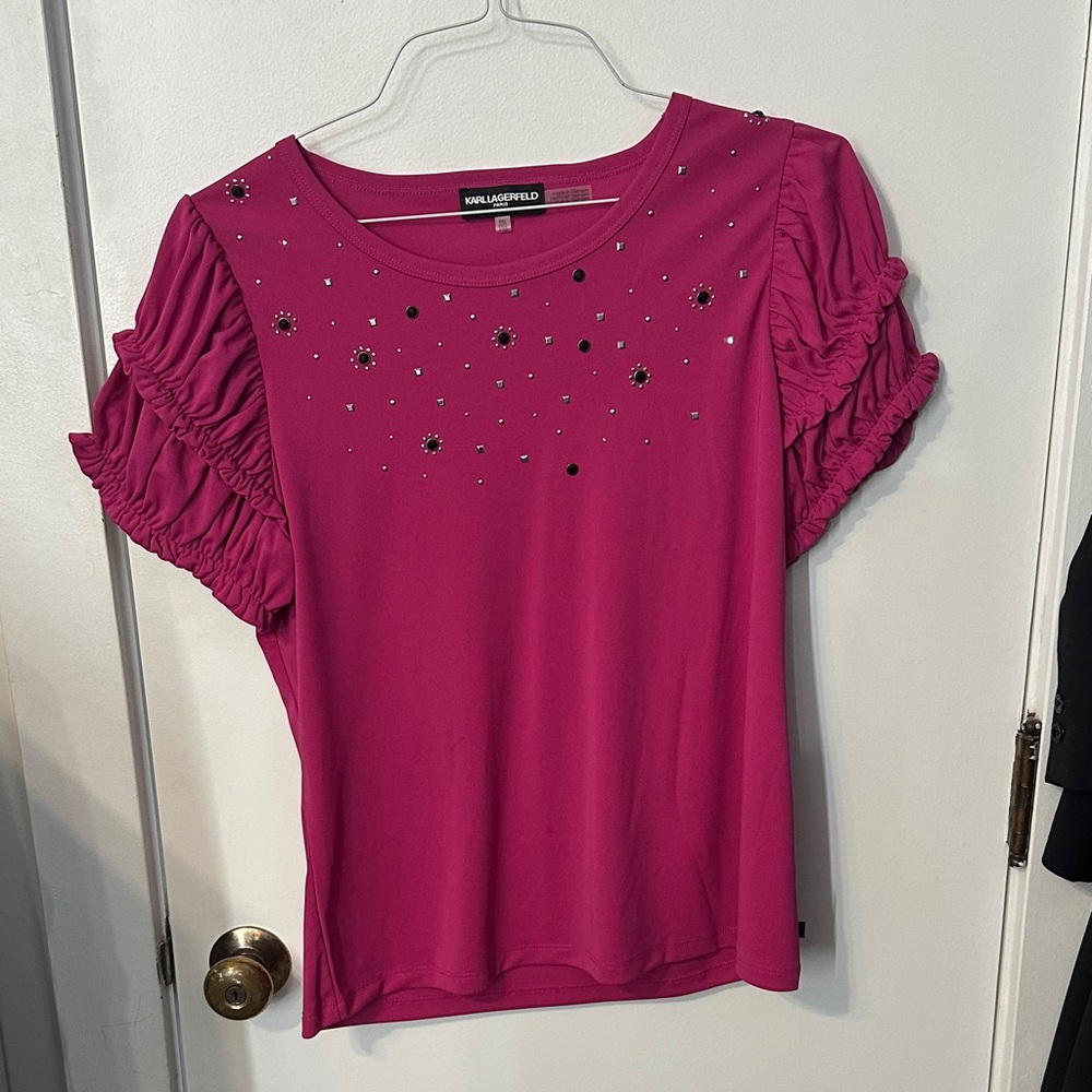 Karl Lagerfeld Fuchsia Embellished Short Sleeve Top